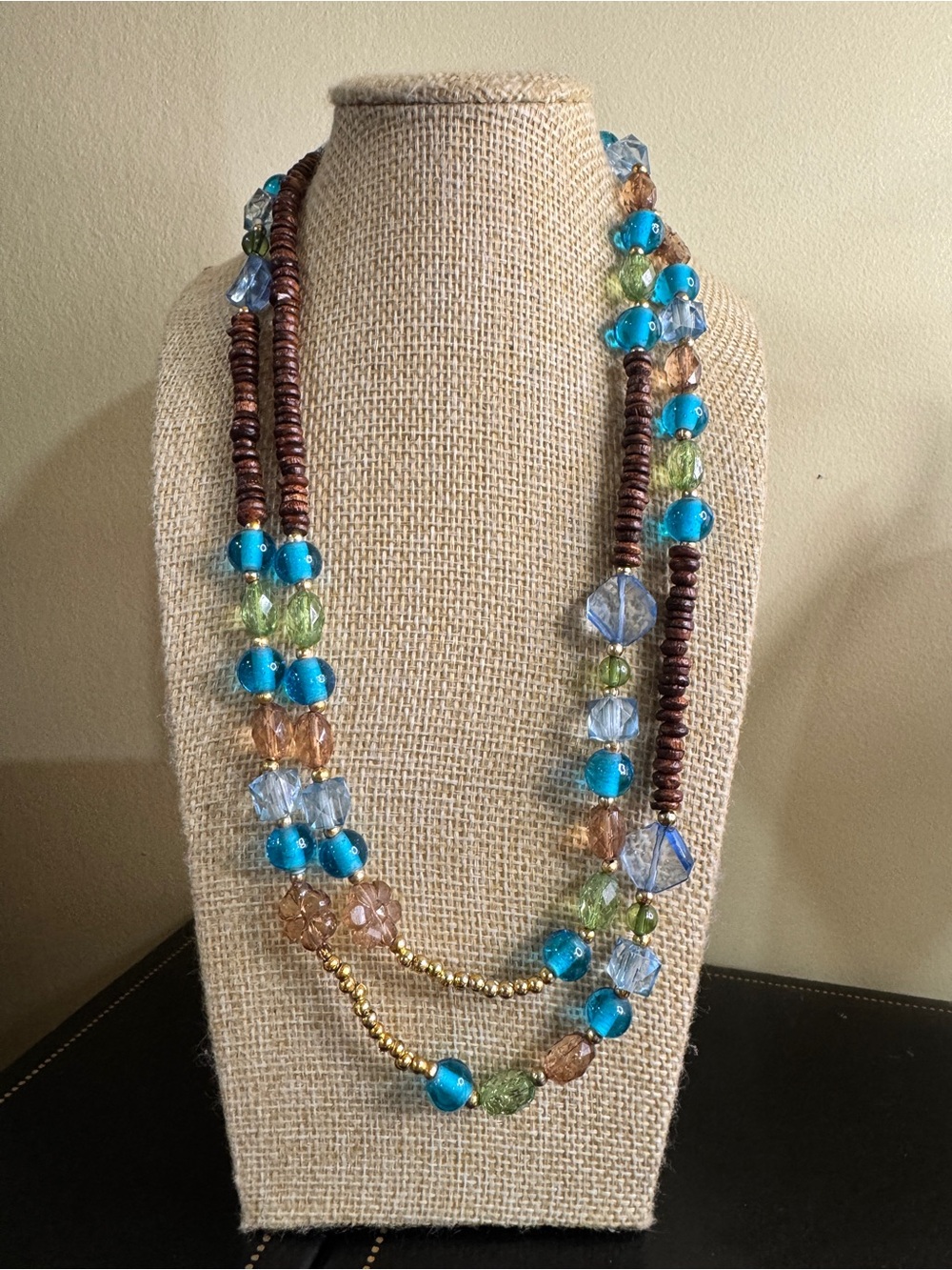 Multi-Strand glass Turquoise tone and Gold Beaded Women's Necklace